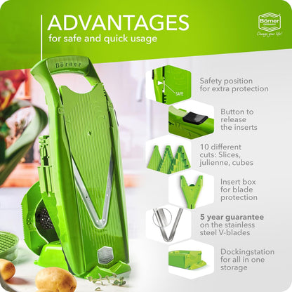 Mandoline Food Slicer Börner V5 (Profi Set) by Reston Lloyd • V-Slicer with 4 Inserts, Docking Station & Food Holder • Made in Germany • Fruit & Vegetable Chopper • Multiple Settings • Color: Purple