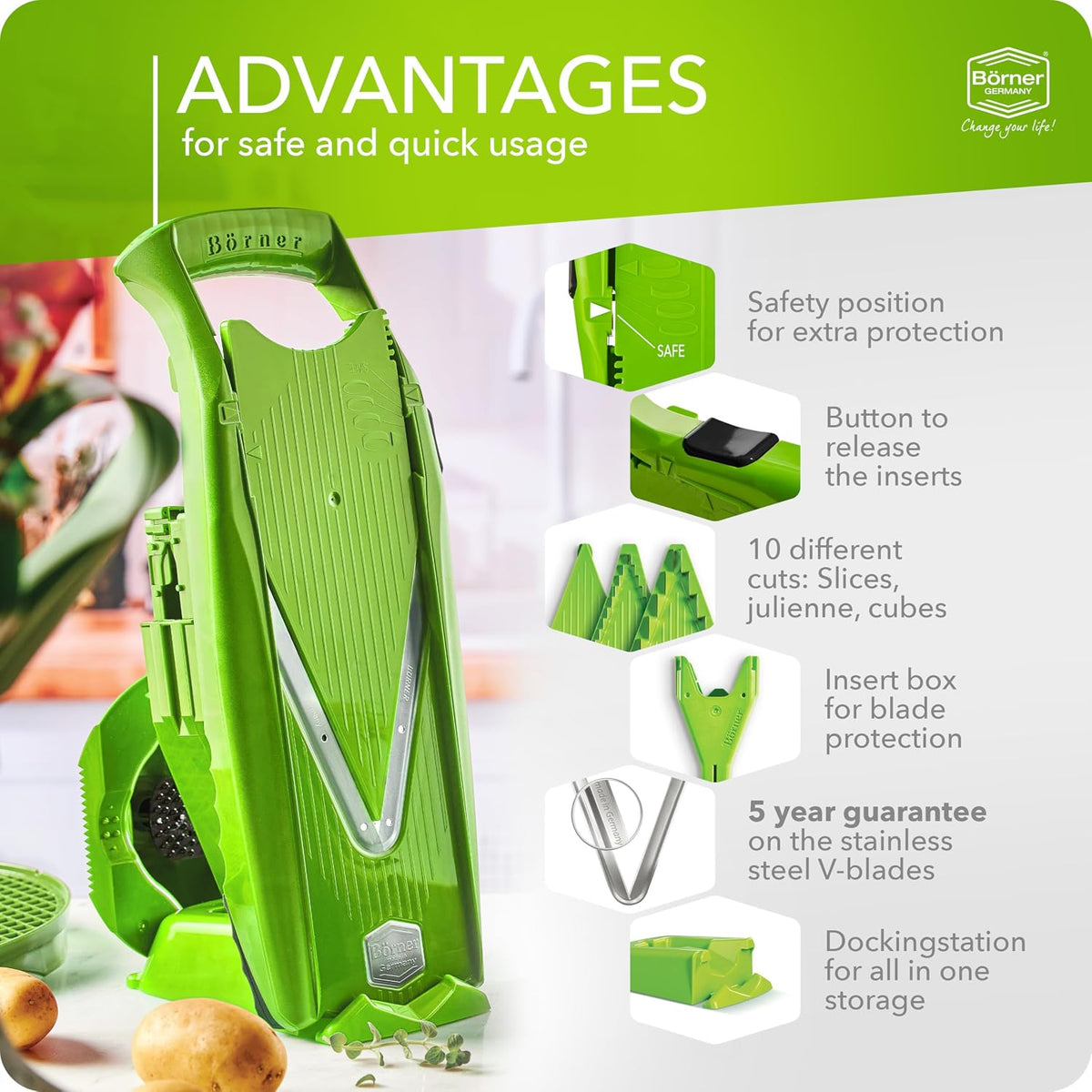 Mandoline Food Slicer Börner V5 (Profi Set) by Reston Lloyd • V-Slicer with 4 Inserts, Docking Station & Food Holder • Made in Germany • Fruit & Vegetable Chopper • Multiple Settings • Color: Purple