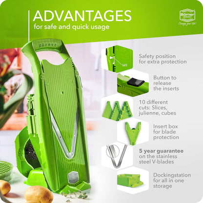 Mandoline Food Slicer Börner V5 (Profi Set) by Reston Lloyd • V-Slicer with 4 Inserts, Docking Station & Food Holder • Made in Germany • Fruit & Vegetable Chopper • Multiple Settings • Color: Purple