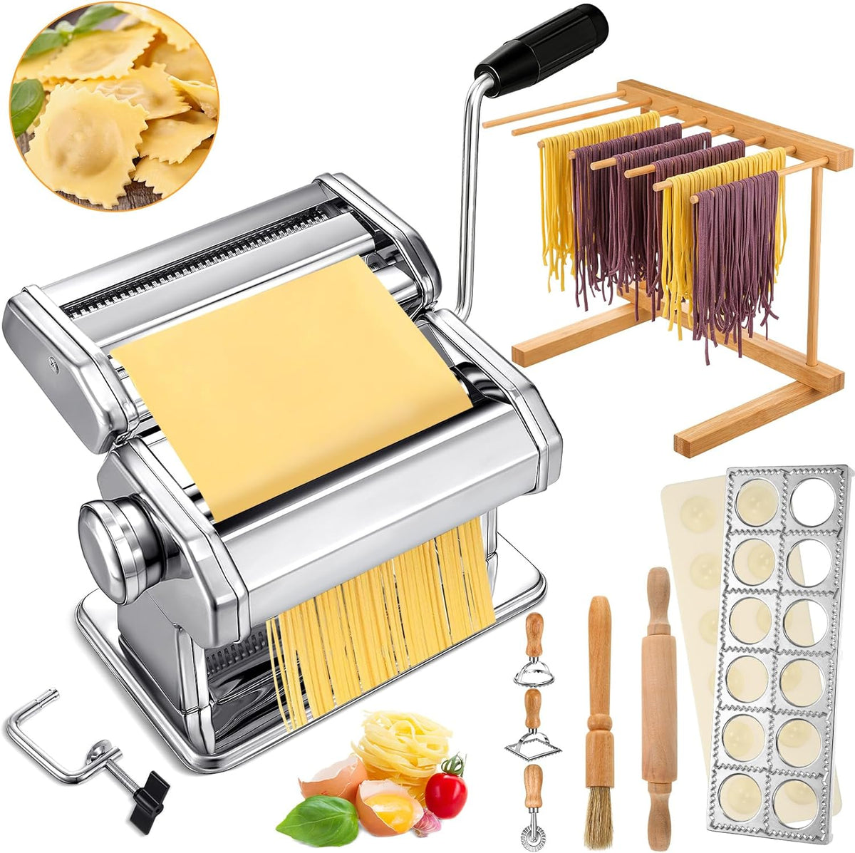 Hushee 8 Pcs Pasta Maker Machine Set Including Stainless Steel Noodle Maker Machine Wood Pasta Drying Rack Ravioli Stamp Maker Cutter with Pasta Cutter Wheel Mini Rolling Pin Cleaning Brush