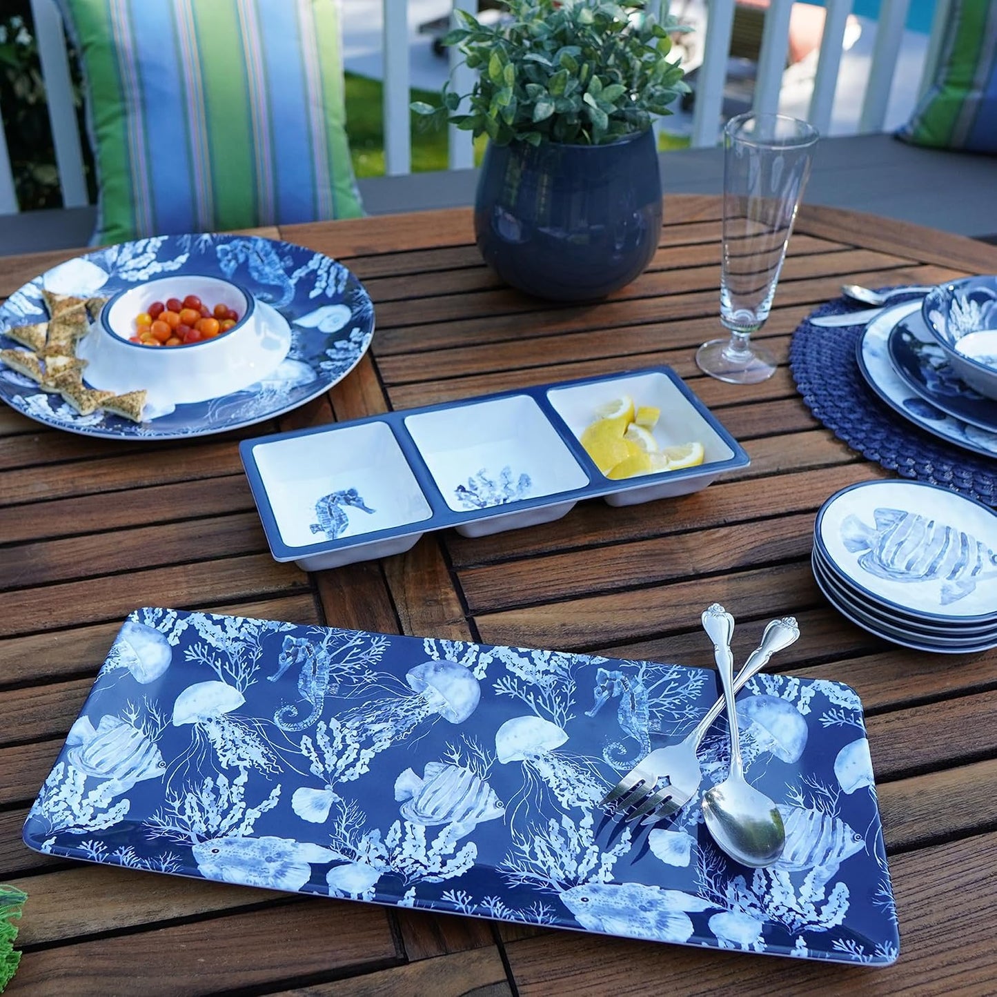 Sea Life Melamine 3-Piece Hostess Serving Set – Coastal Ocean-Themed Chip & Dip Bowl, 3-Section Relish Tray, and Rectangular Platter, Break-Resistant Nautical Tableware, Dishwasher Safe