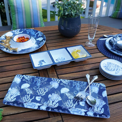 Sea Life Melamine 3-Piece Hostess Serving Set – Coastal Ocean-Themed Chip & Dip Bowl, 3-Section Relish Tray, and Rectangular Platter, Break-Resistant Nautical Tableware, Dishwasher Safe