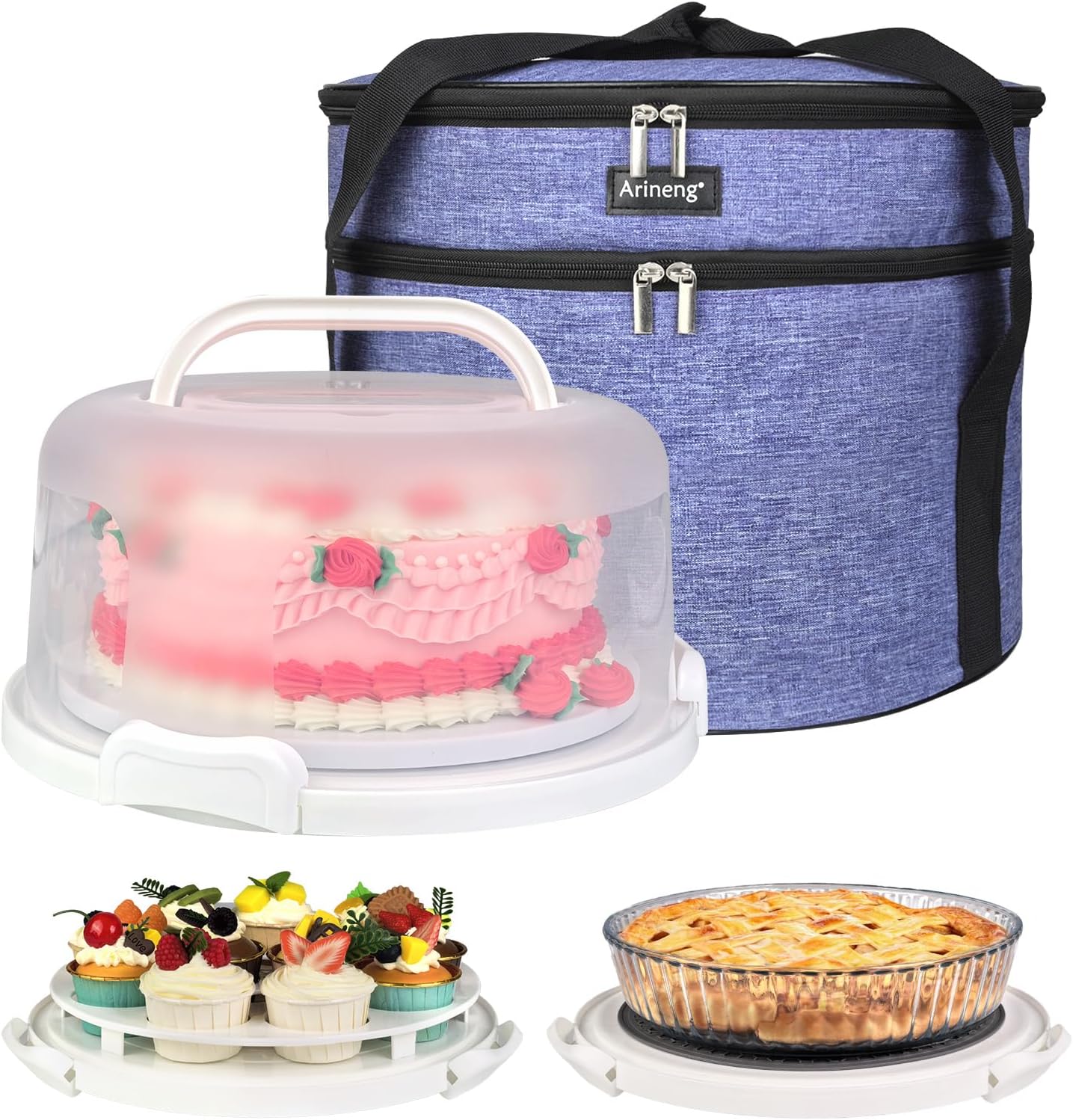 Round Cake Carrier Box with Lid and Handle, Transportation Insulated Bag for Cakes, Cupcakes and Pies, Triple Locking Design for Safe Transportation (Grey, 12 * 12 * 7.9 Inch)