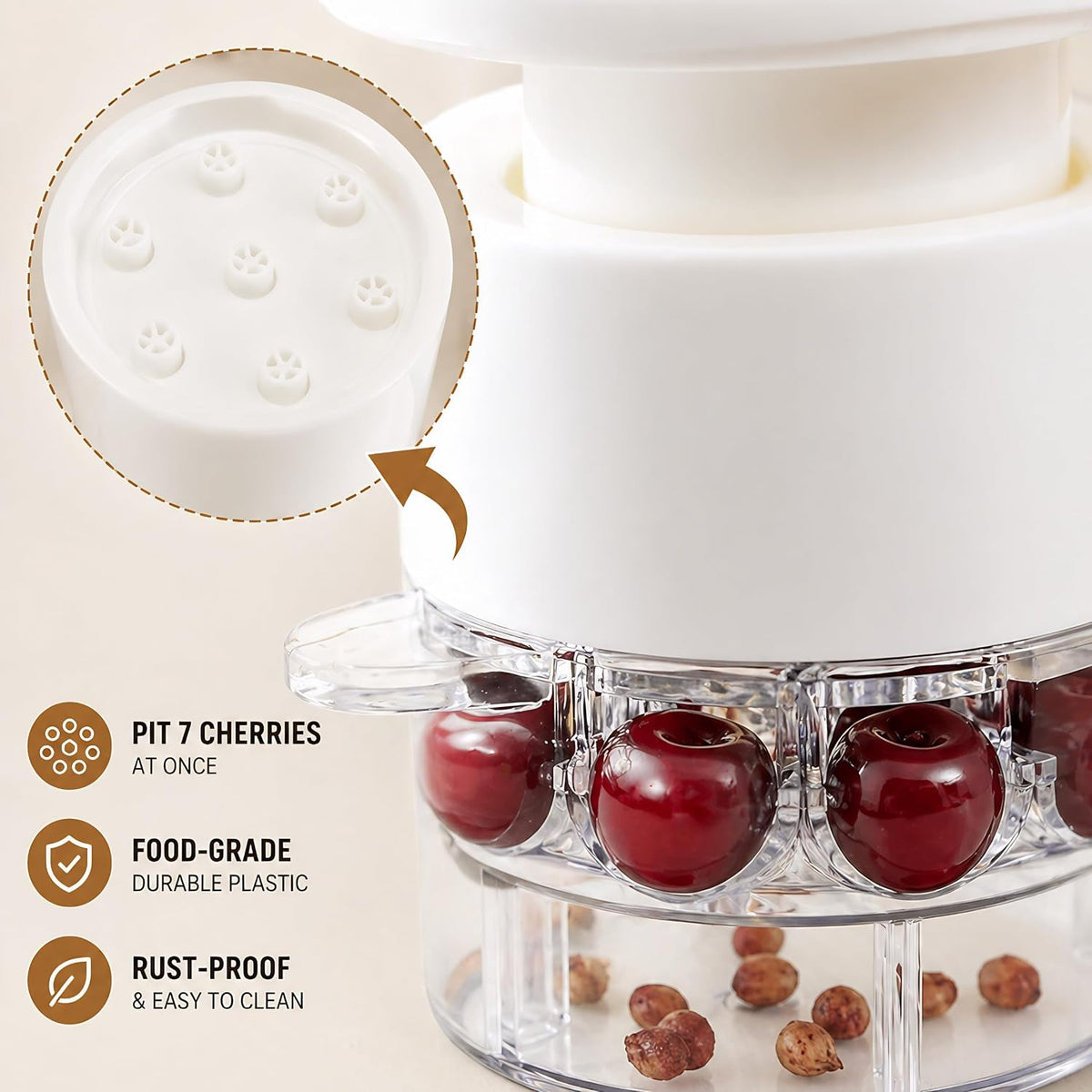 Cherry Pitter Tool, 7 Cherries at Once Pit Remover with Catcher, White
