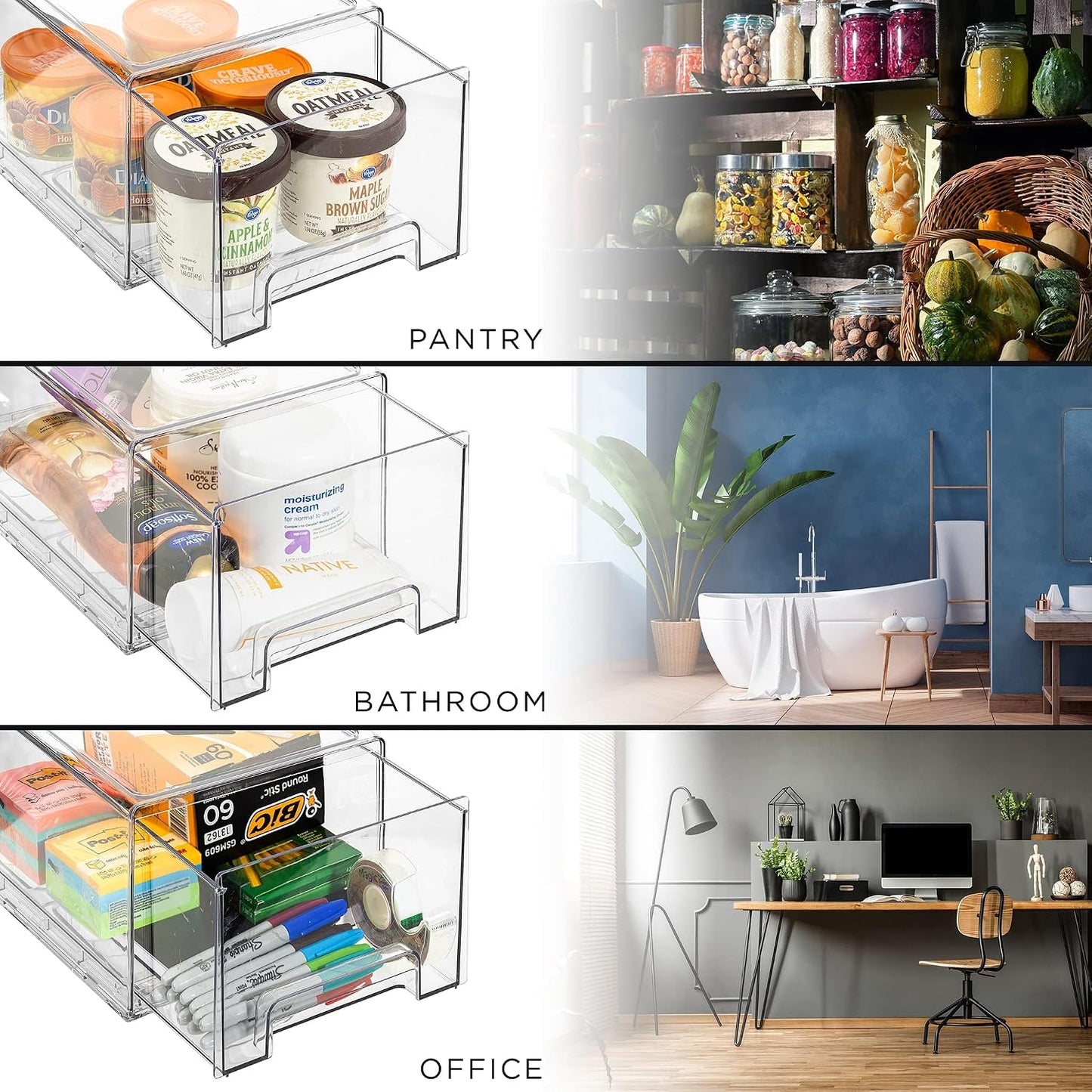 Sorbus Plastic Storage Bins Stackable Clear Pantry Organizer Box Bin for Organizing Kitchen Fridge, Food, Snack Pantry, Fruit, Vegetables, Bathroom, Wide & Narrow Deep (4 Pack)