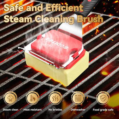 Grill Brush Bristle Free with Steam Cleaning Head & Scraper - BBQ Grill Cleaning Brush for Outdoor Grill, Safe Grill Cleaner for Cast Iron, Stainless Steel Grates, Replaceable Head (Two Brush Heads)