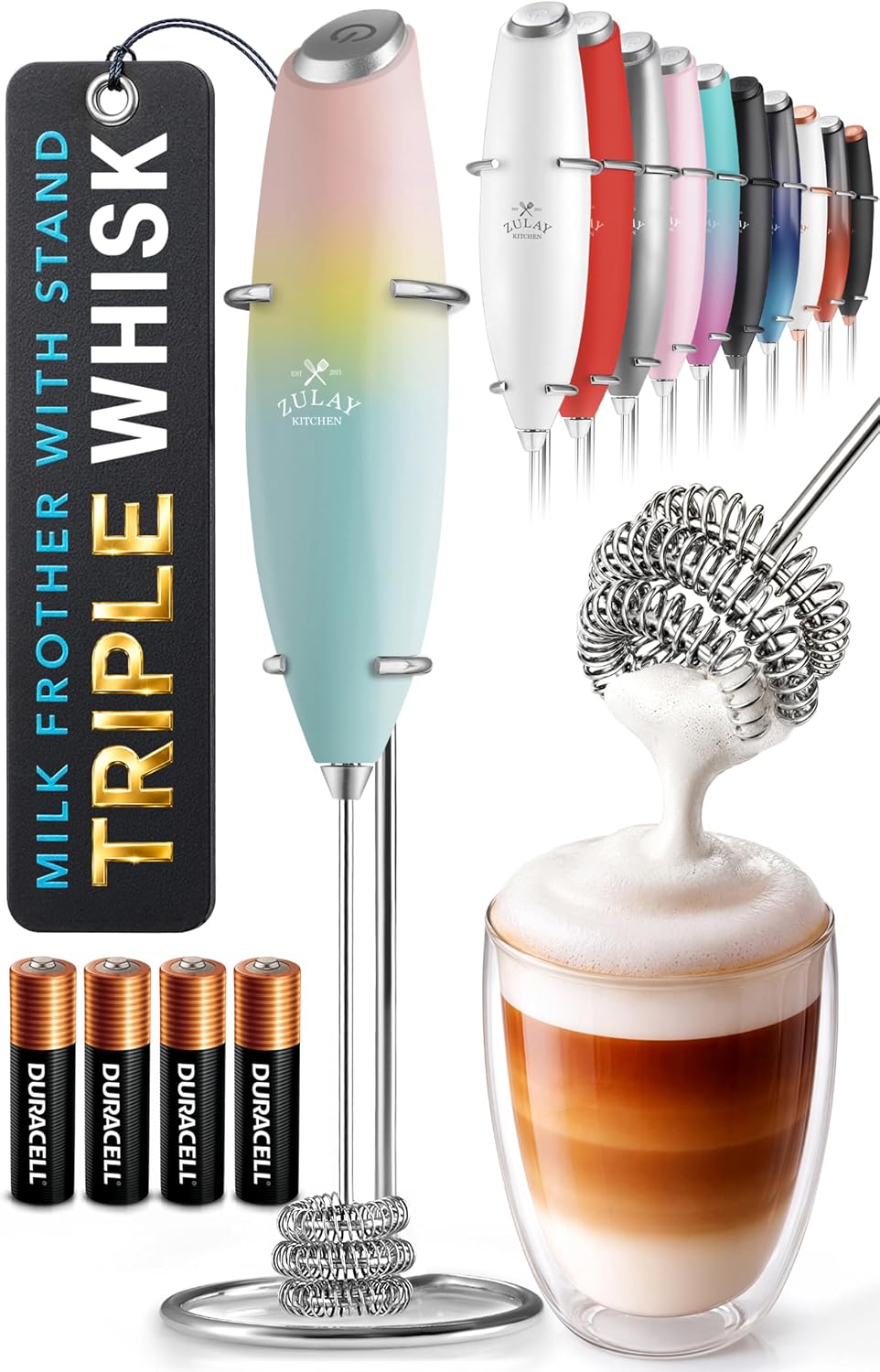 Zulay Kitchen Rechargeable Milk Frother Handheld - Frother Wand, Drink Mixer, Electric Whisk Frother, for Cappuccinos, Matcha & Protein Powder - Dynamic 3 Whisk, 3 Speed 500mAh Black - Colors C