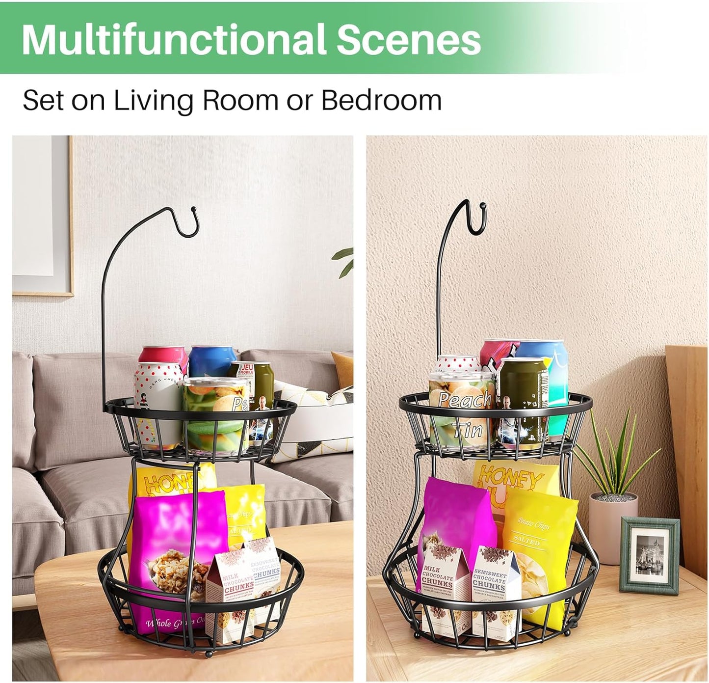 SAYZH 2-Tier Fruit Basket Bowl Stackable Vegetable Storage with Banana Tree Hanger Stand for Kitchen Countertop, Metal Wire Basket for Bread Onions Potatoes Black