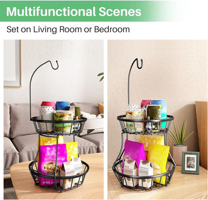 SAYZH 2-Tier Fruit Basket Bowl Stackable Vegetable Storage with Banana Tree Hanger Stand for Kitchen Countertop, Metal Wire Basket for Bread Onions Potatoes Black