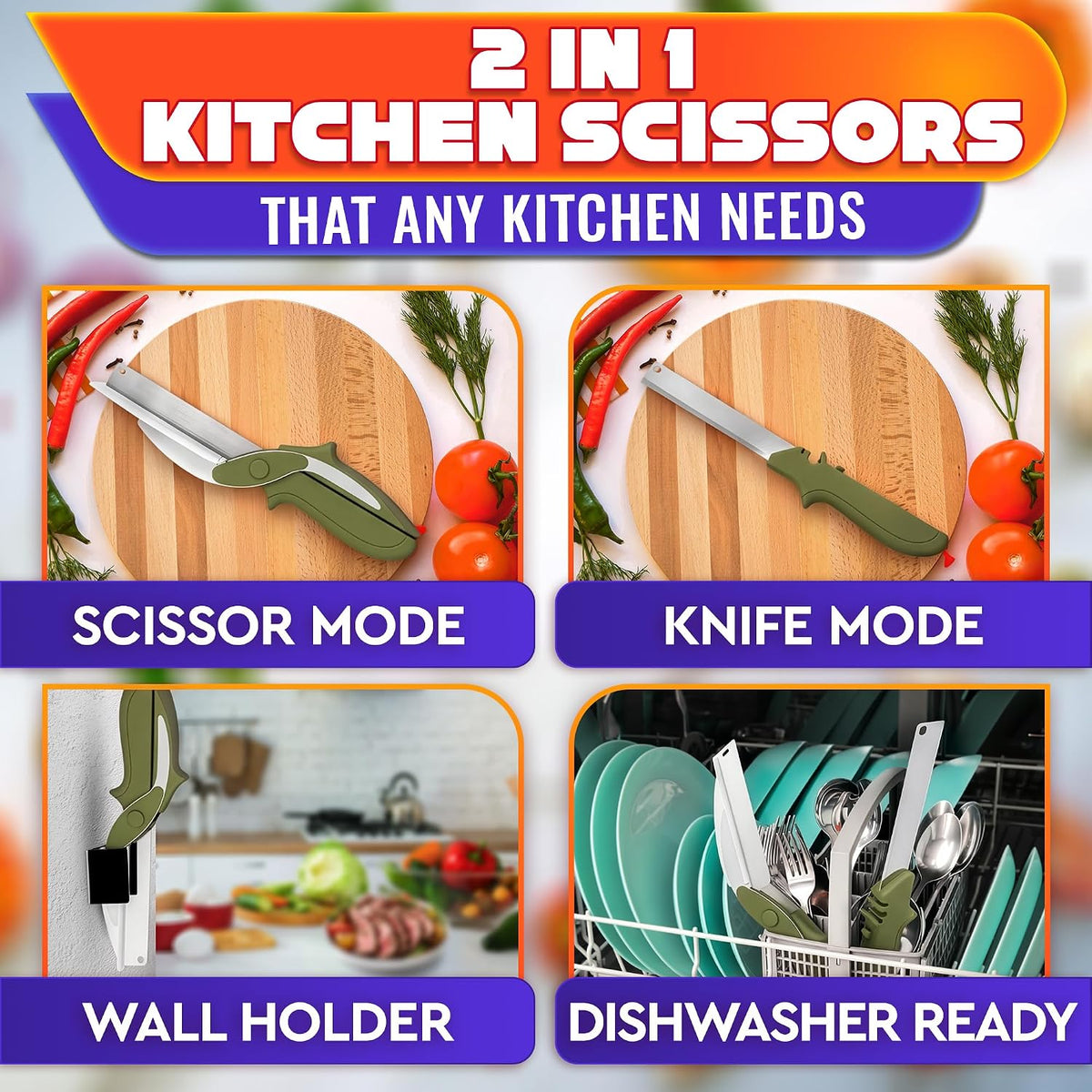 2 in 1 Kitchen Scissors for Food with Knife Sharpener (Grey)