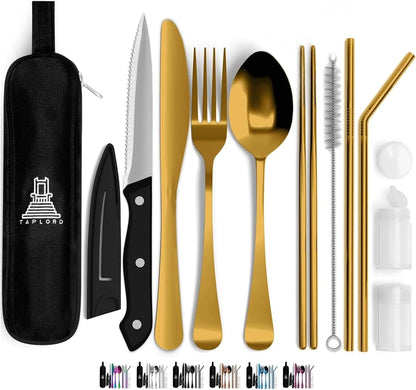 Taplord Portable Travel Silverware Set With Case, Includes 10 Pcs of Travel Utensils With Case, Stainless Steel Flatware Set For Camping, Lightweight (Multi-Color)