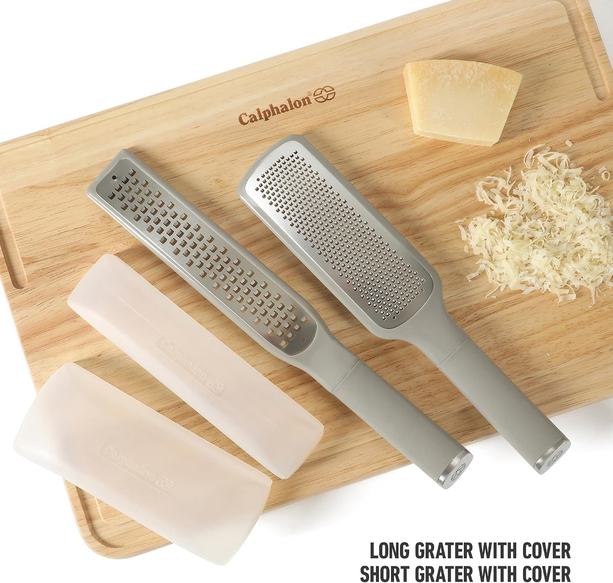 Calphalon Edge Lemon Zester, Stainless Steel Fine Citrus Grater for Lemon, Garlic & Ginger, Handheld Kitchen Zester with Protective Cover & Ergonomic Handle, Taupe