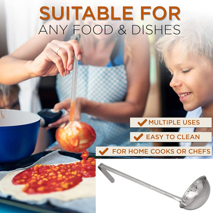 Fit Meal Prep [2 Pack] 2 oz Stainless Steel Soup Ladle, One-Piece Sauce Spatula with Hook Handles, Commercial Grade Serving Spoon, Kitchen Tool for Restaurant or Home Cooking, Mirror Finish, 12" Long