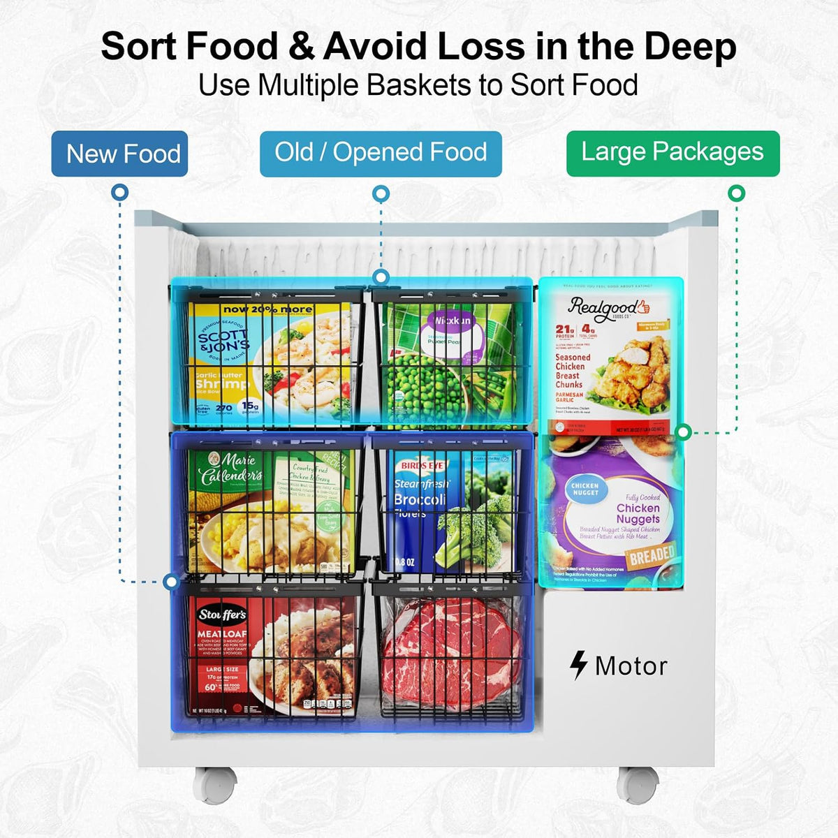 iSPECLE Chest Freezer Organizer - Adjustable Width & Extra Depth, 3 Pack | For 5-7 Cu Ft Chest Freezers, Stackable Large Freezer Organizer Bins, Easy Food Access & Organization, No Wasted Space, White