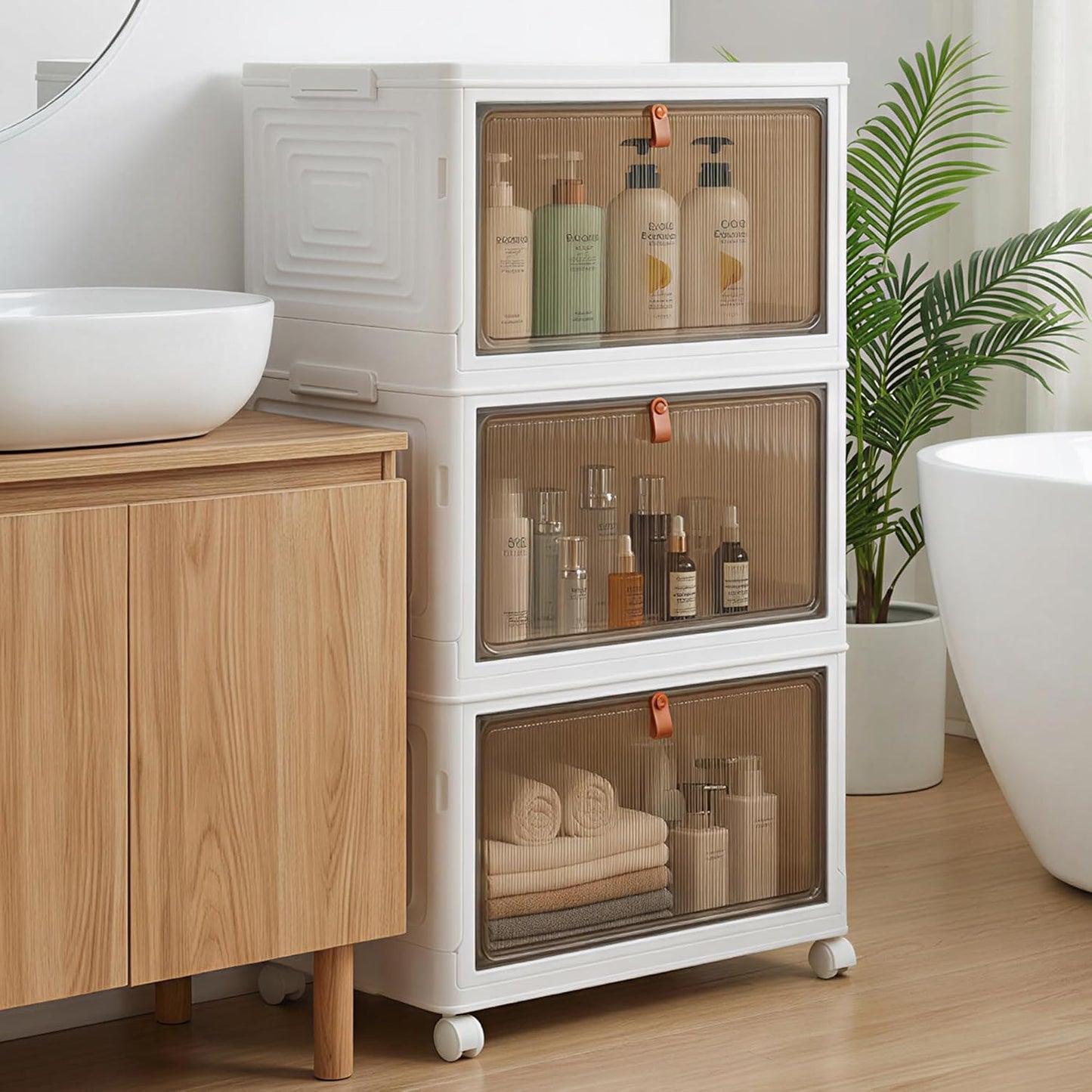 LDQ 136Qt Large Storage Bins with Lids, 4 Tier Stackable Storage Cabinet with Wheels & Clear Doors, Foldable Plastic Closet Organizer for Bedroom, Bathroom & Kitchen