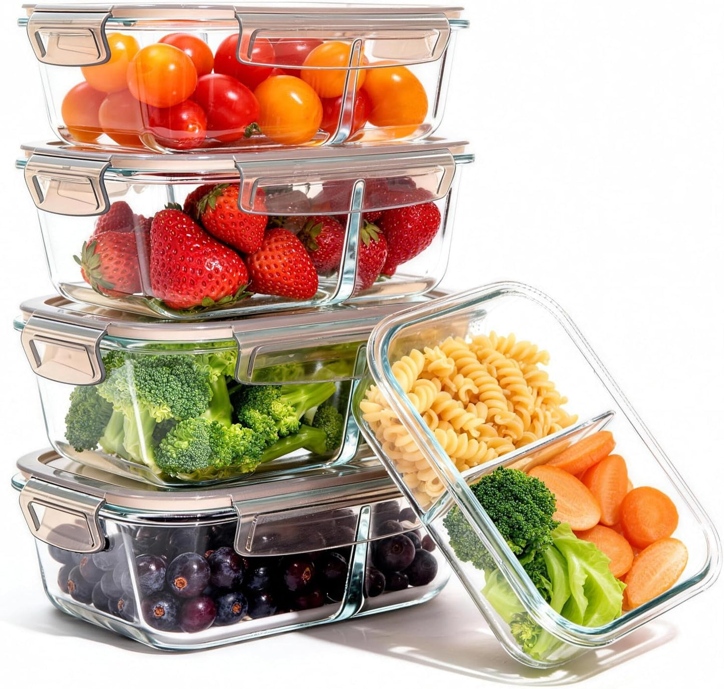 Glass Meal Prep Containers 5 Pack - Lunch Boxes with Leakproof Lids, Food Storage Containers, Bento Boxes, Gray (3 Compartment)