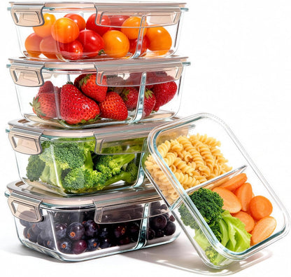 Glass Meal Prep Containers 5 Pack - Lunch Boxes with Leakproof Lids, Food Storage Containers, Bento Boxes, Gray (3 Compartment)