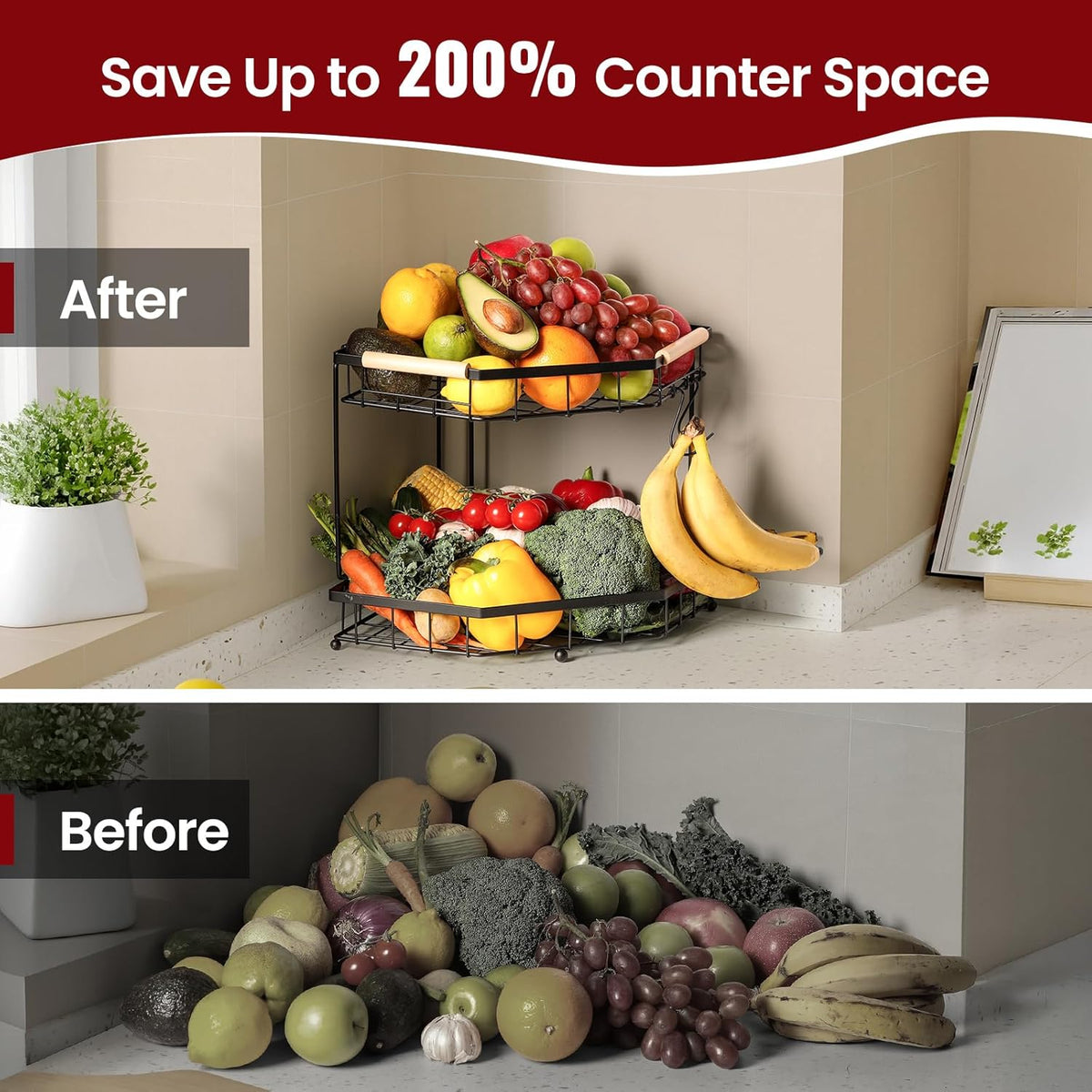 2 Tier Corner Fruit Basket for Kitchen Counter with Banana Hangers, Detachable Fruit Bowl with Wooden Handle, Metal Corner Rack for Fruit and Vegetable Storage, Kitchen Countertop Organizer