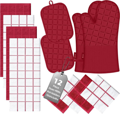 Oven Mitts Kitchen Towels and Dishcloths Pot Holders Sets, Oven Gloves Kitchen Dish Towels 500 Degree Heat Resistant Potholders with Non-Slip Silicone Surface for Cooking, Grilling, Baking-Gray