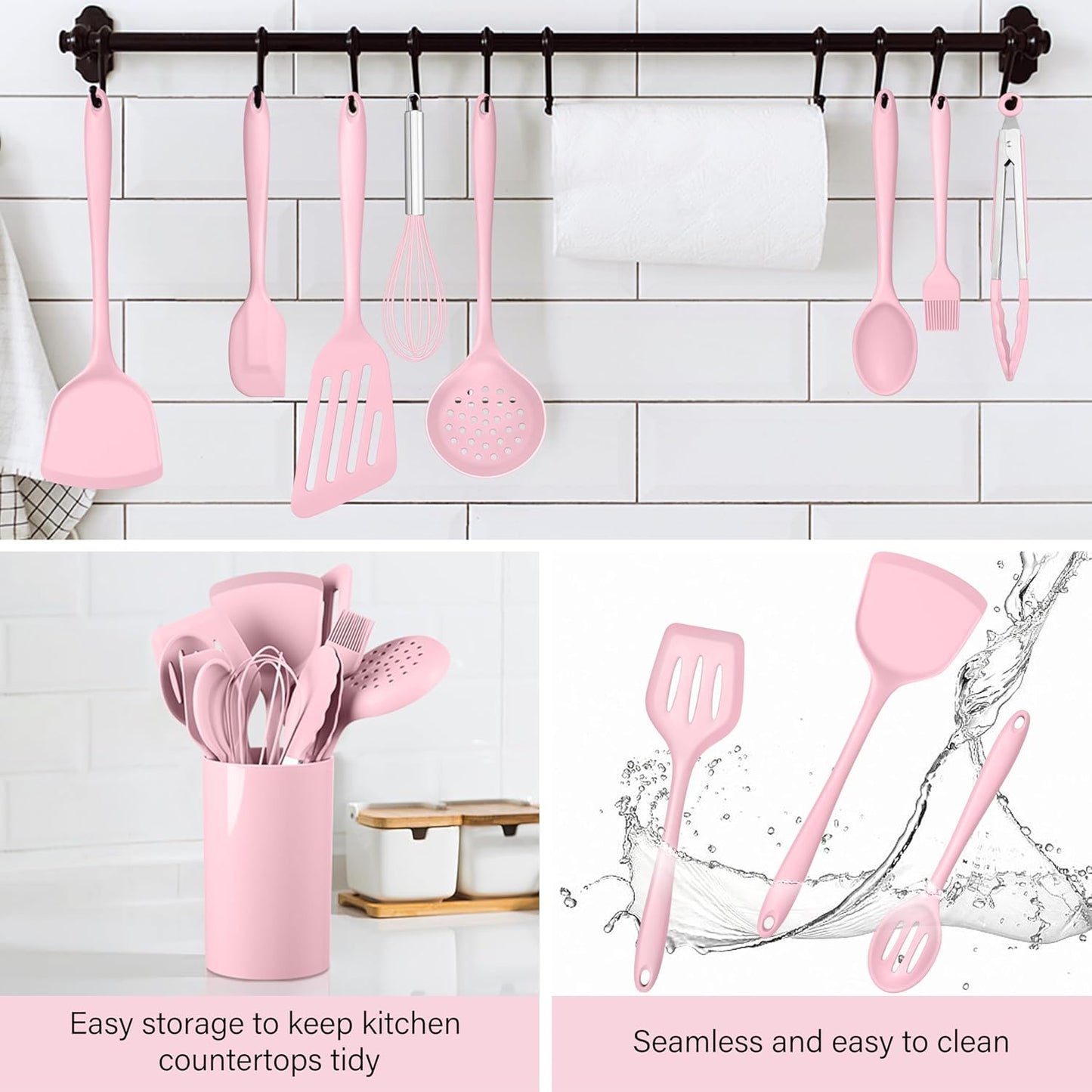HaWare 11 PCS Silicone Cooking Utensils Set, Heat Resistant Kitchen Utensils with Holder, Food-grade Spatula Sets for Nonstick Cookware, Kitchen Tools Gadgets Include Fish Turner, Spoon (Black)