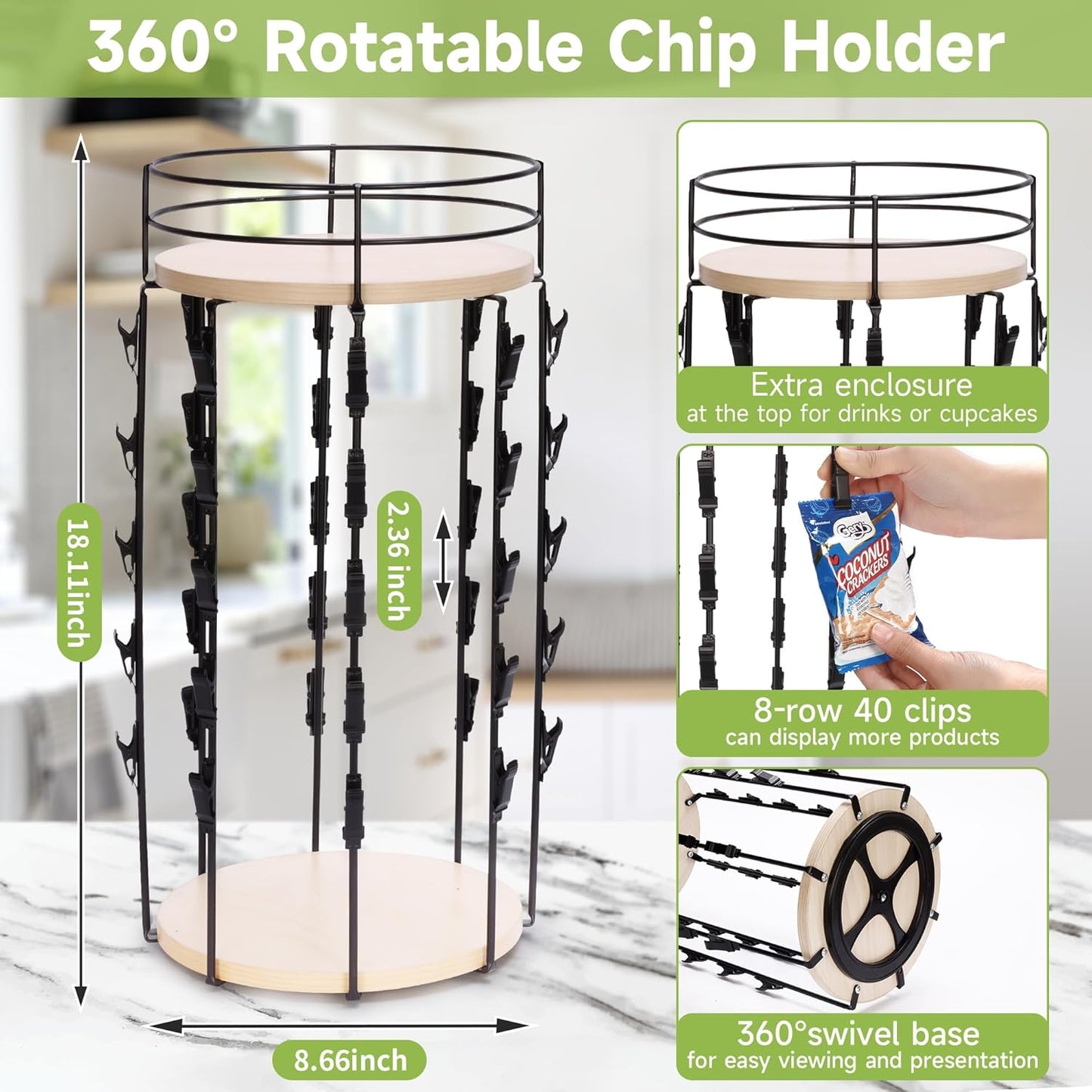 Liaakrr 360° Rotating Snack Display Stand with Secure Top Tier, Holds Drinks & Chips, 5-Tier 40-Clip Countertop Organizer for Party, Kitchen, Store-Beige