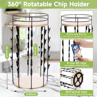Liaakrr 360° Rotating Snack Display Stand with Secure Top Tier, Holds Drinks & Chips, 5-Tier 40-Clip Countertop Organizer for Party, Kitchen, Store-Beige