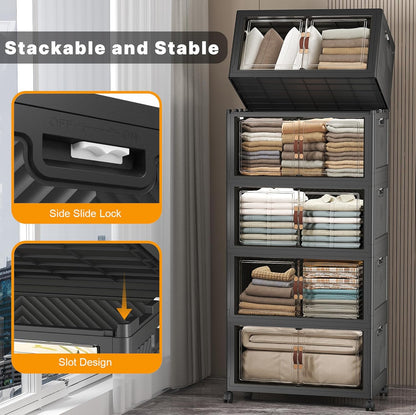 UAMFURI 720QT Stackable Storage Bins with Lids, Extra Large Storage Cabinet with Doors and Wheels, Collapsible Plastic Storage Box for Bedroom Dorm Office Garage