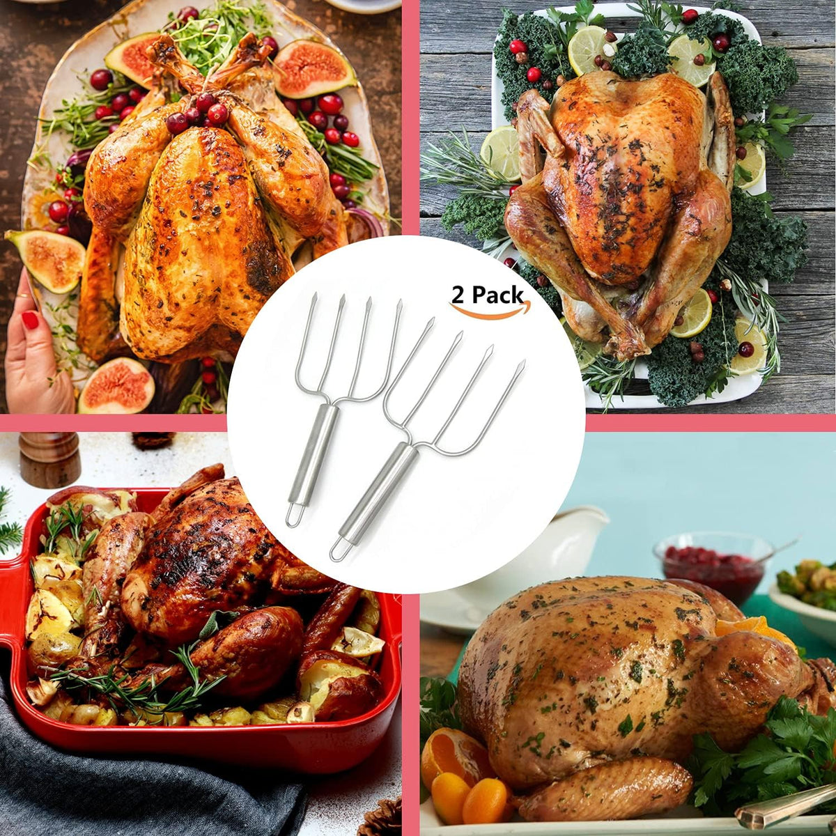Turkey Lifter Forks Set of 2 Stainless Steel Turkey Lifters with Non-Slip Handle Turkey and Poultry Lifters Turkey Claws Carving Fork