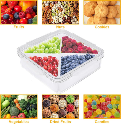 Qivine Veggie Tray with Lid for Fridge, Portable Vegetable Tray with Lid and Dip, 6 Compartments Divided Serving Tray with Lid and Handle, Round Veggie Trays for Serving for Party with 2 Clips