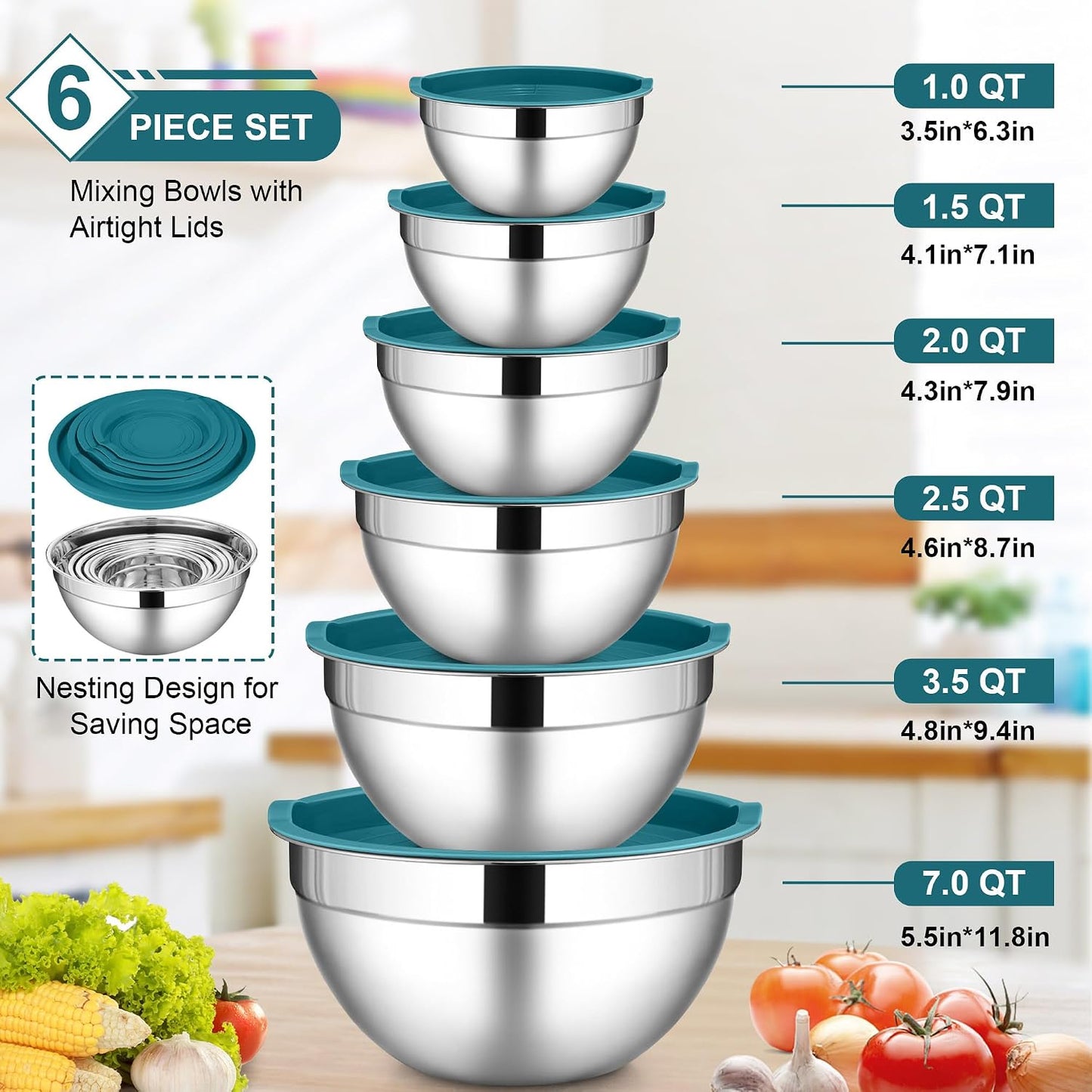LIANYU Stainless Steel Mixing Bowls Sets of 6, Large 7, 3.5, 2.5, 2, 1.5, 1QT Size with Transparent Airtight Lids, Metal Nesting Serving Bowl Sets for Home Kitchen, Dishwasher & Freezer Safe, Black