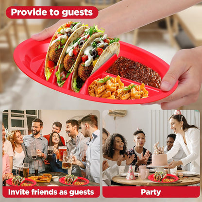 12 Pack Colorful Plastic Taco Plates – Reusable Taco Holder with Dividers for 3 Tacos & 2 Dipping Areas, BPA-Free, Dishwasher & Microwave Safe (Red, Yellow, Green)