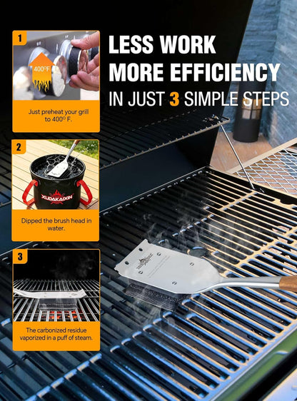XUDKAKAIXIN Grill Brush Bristle Free,with 1 Replacement Head,Unique Steel Fibers Pad [Safe & Efficient] Perfect for Cast Iron/Stainless-Steel Grates-,Grill Cleaner for Outdoor Gril,Gifts for Men/Dad