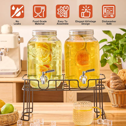 1 Gallon Glass Drink Dispensers for Parties, 2 Pack Beverage Dispenser with Stand, Fruit Infuser & Leakproof Stainless Steel Spigot, Juice Dispenser for Lemonade, Iced Tea, Sun Tea & Infused Water