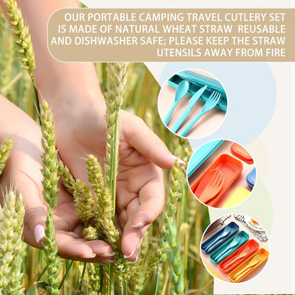 Jinei 50 Sets Reusable Travel Utensils Set with Case Wheat Straw Cutlery Portable Spoon Knife Forks Lunch Box Accessories Friendly Tableware for Kids Adults Camping Utensils(Bright)