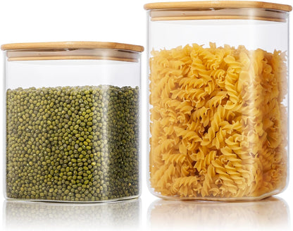 Large Glass Storage Containers 168oz, 2 Pack Pantry Jars with Bamboo Lids | Square Borosilicate Glass Jar with Airtight Lid Keep Flour, Sugar & Rice Fresh, Fits 5lb Bag, BPA-Free for Pantry Organizer