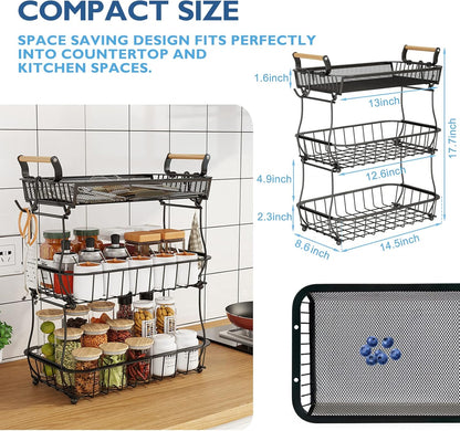 ANTOPY 2 Tier Fruit Basket with 2 Banana Hangers, Countertop Fruit Vegetable Basket Bowl for Kitchen Counter Metal Wire Fruits Storage Stand Holder Organizer for Bread Snack Veggies Produce