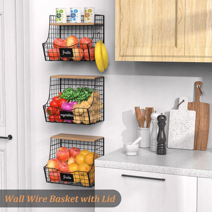 3 Pack Extra Large Fruit Basket for Kitchen with Wood Lid Nameplate - Counter&Wall Mounted Onion and Potato Storage Bin, Stackable Metal Hanging Wire Baskets,15.74 * 8.66 * 10.63 inch