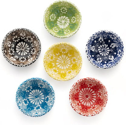 Ceramic Small Dipping Bowls Set of 6, 3.5 Oz Soy Sauce Dish, Handmade Charcuterie, Colorful Pinch, Dishwasher & Microwave Safe, 3.2'' Mini (SULTAN'S GARDEN)