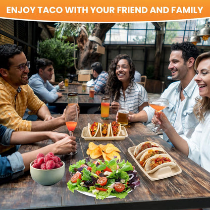 25 PCS Disposable Taco Holders for Party, Bagasse Pulp Fiber Taco Plates with 3 Dividers, Fiesta Taco Tray Holder, Taco Stands for 3 Tacos, Taco Tuesday Lazy Susan Taco Bar Serving Set for Party