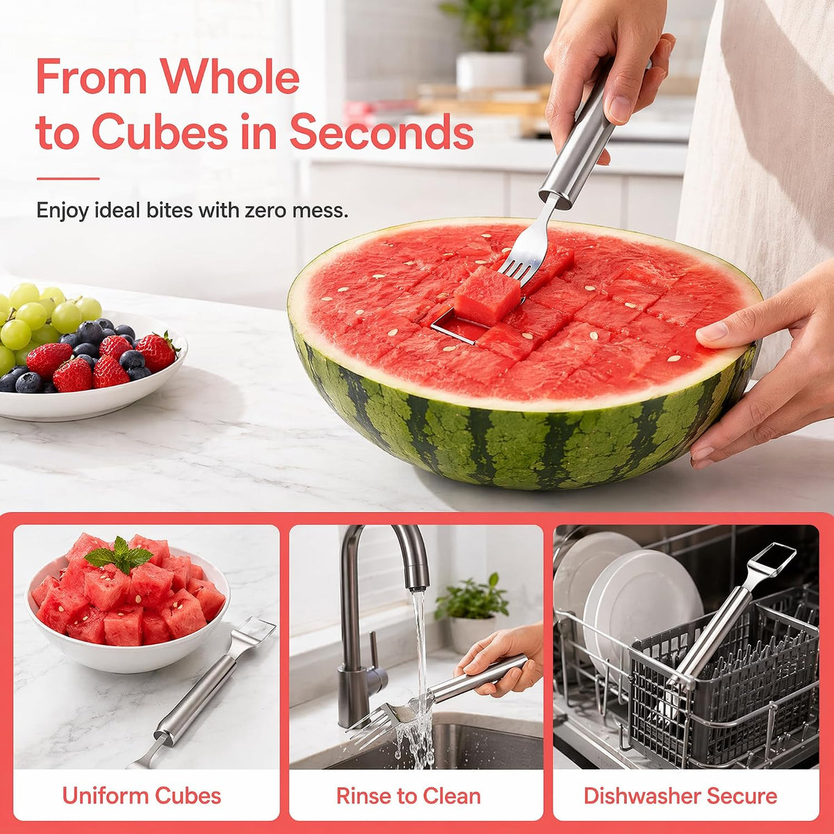 2026 New 2-in-1 Watermelon Fork Slicer Cutting Tool，2-Pack Stainless Steel Fruit Cutter Tool for Watermelon, Mango, Pitaya – Portable for Camping, Picnics, Home, Parties