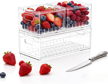 2 Pack Fruit Storage Containers for Fridge with Lid & Drain Basket | 3-in-1 Wash-Drain-Store – BPA-free clear containers keep berries/strawberries fresh, ready-to-eat in fridge.