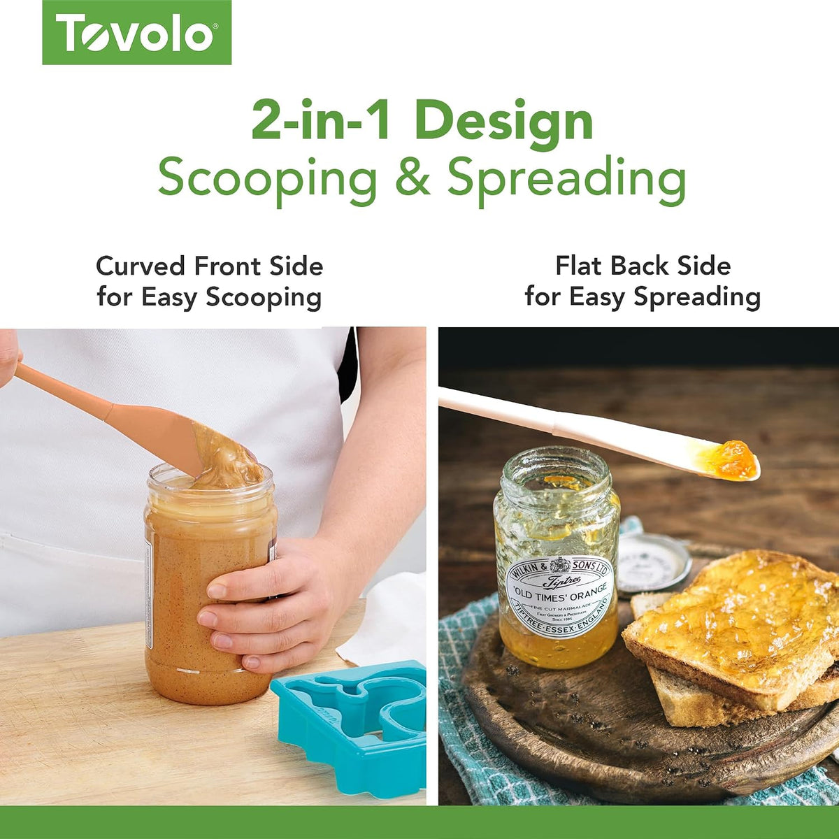 Tovolo Silicone Jar Spatula Long Handled Rubber Scraping Scooping Tool for Peanut Butter Jam Jelly Jars Blenders, Extra Long Flex Core Silicone Jar Scraper Dishwasher Safe BPA Free, Aqua Seafoam Green