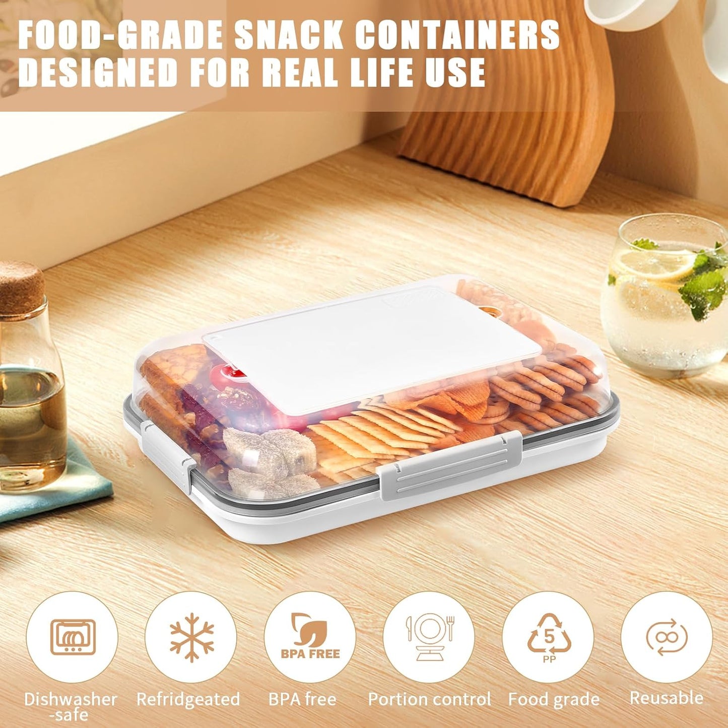 Food Storage Container with Cutting Board Lid, Snack Tray with Ice Pack Compartment & Removable Divider (Cream)