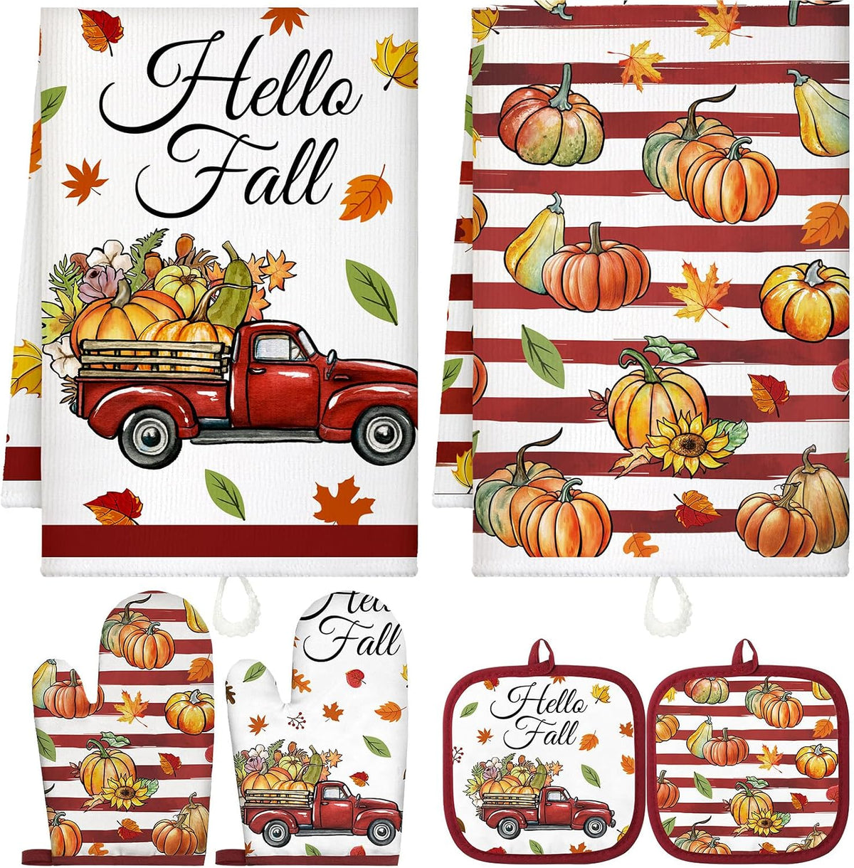 Qinyoung 6 Pcs Fall Kitchen Decor Pumpkin Pot Holders and Oven Mitt Sets