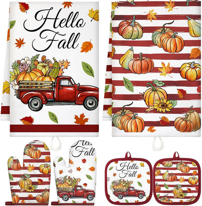 Qinyoung 6 Pcs Fall Kitchen Decor Pumpkin Pot Holders and Oven Mitt Sets