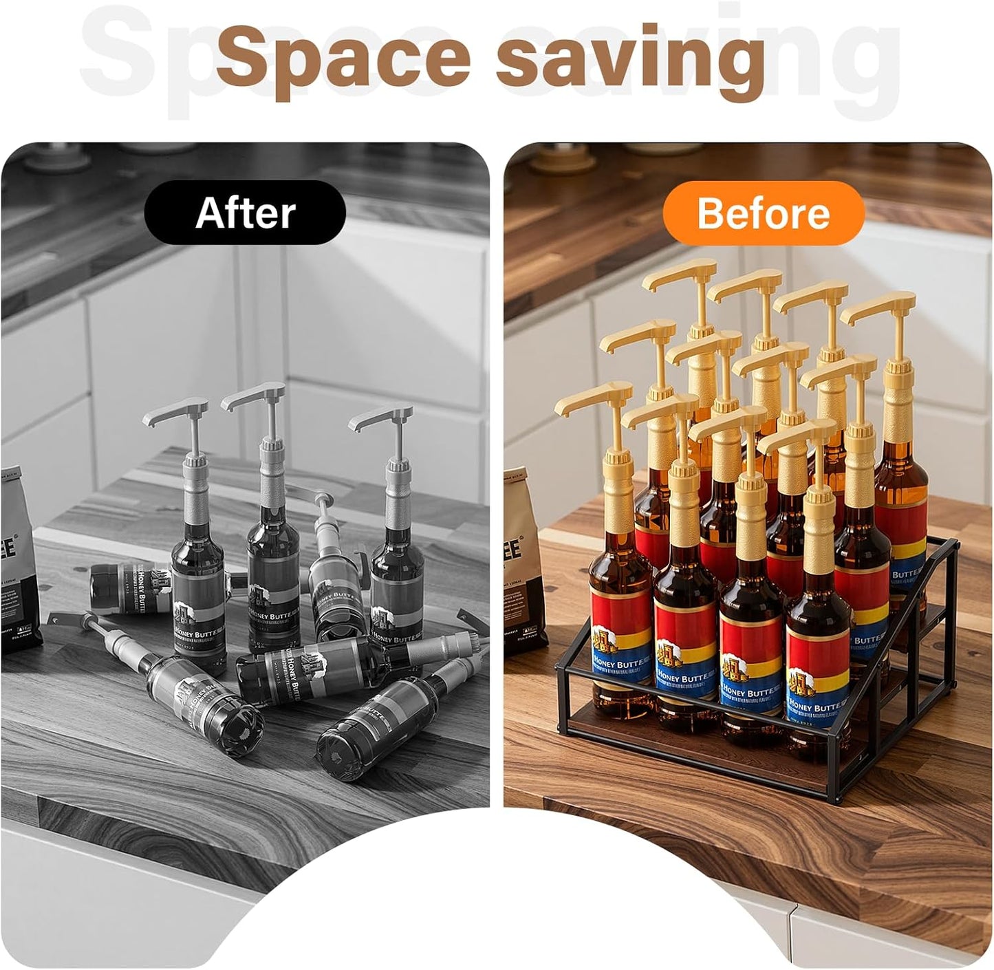 kimilus Coffee Syrup Organizer Rack, Liquor Bottle Display Shelf, 2 Tier 10 Syrup Bottles Holder Stand for Coffee Bar Kitchen Small Wine Rack for Family Storage for Syrup Wine Dressing