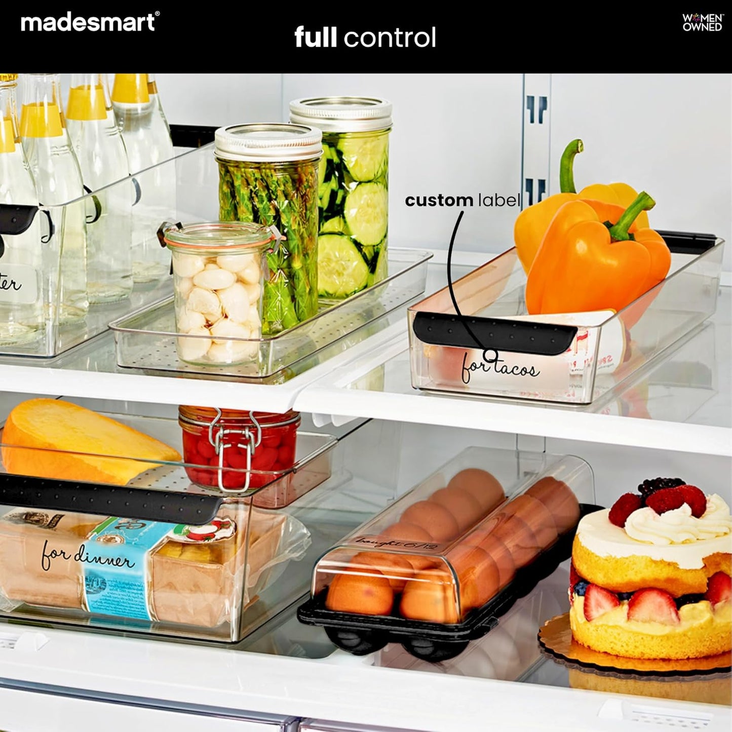 madesmart Fridge Portable Tote, Condiment Caddy with 2 Compartments, Pop-Up Handle & Non-Slip Base, Refrigerator Organizer for Sauces, Jars & Small Items, Clear