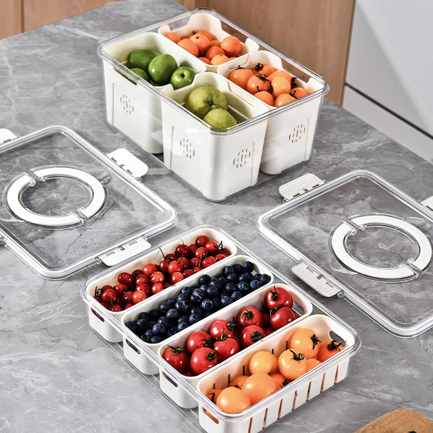 Divided Serving Tray with Lid for Veggie Charcuterie Container Portion Control Salad Keeper with 4 Removable Boxes Stackable Refrigerator Organizer Bins Food Storage Organizer Produce Saver