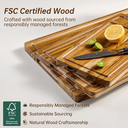 THETCHRY Teak Wood Cutting Board Set of 3 Wooden Cutting Boards for Kitchen | Premium Teak Wood • FSC Certified • Deep Juice Groove • Built-In Handles • Non-Slip Feet • 3 Practical Sizes • Gift-Ready Box