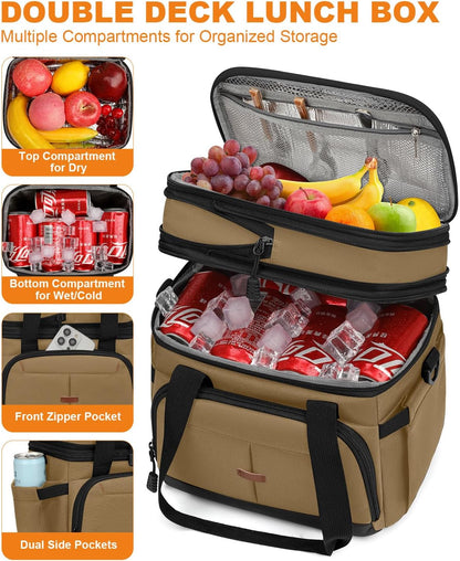Pritent Lunch Box For Men Women Double Deck Insulated Lunch Bag For Men Woman Leakproof Expandable Cooler Bag with Adjustable Shoulder Strap for Kids Shool Work Picnic Camping(Beige,Large)